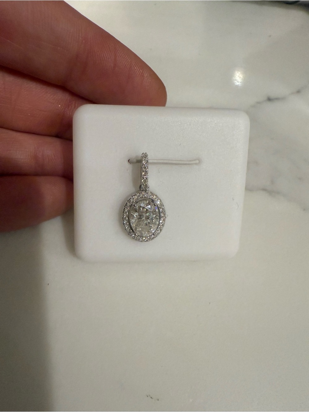 New Moissanite Oval Halo Drop Pendant in Sterling Silver - Picture 4 of 4